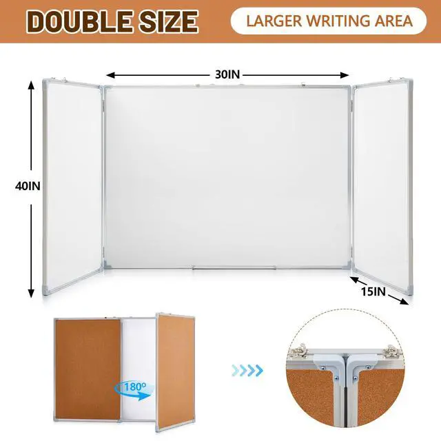 Alt view image 2 of 6 - 60"x40" Tri-fold Cork Board Whiteboard Combo, Foldable Combination Magnetic Dry Erase Bulletin Board & Corkboard with Aluminum Frame Wall Mounted for Home, Office and School(Wood)