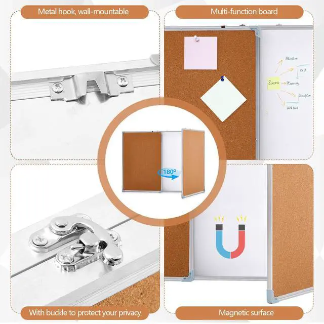 Alt view image 3 of 6 - 60"x40" Tri-fold Cork Board Whiteboard Combo, Foldable Combination Magnetic Dry Erase Bulletin Board & Corkboard with Aluminum Frame Wall Mounted for Home, Office and School(Wood)