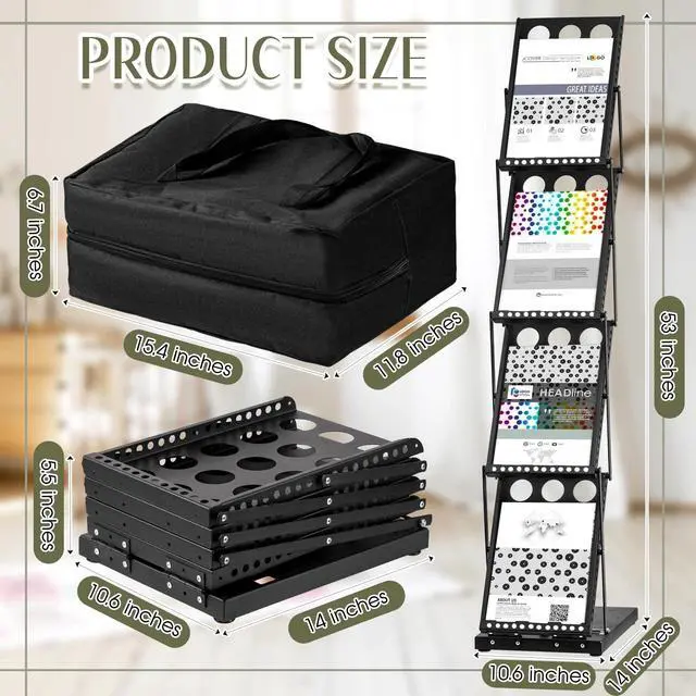 Alt view image 2 of 6 - 1 Piece Foldable Magazine Rack Metal Catalog Literature Rack Portable 4 Pockets with Carrying Bag Brochure Stand Literature Display Holder Stand for Exhibition Trade Show