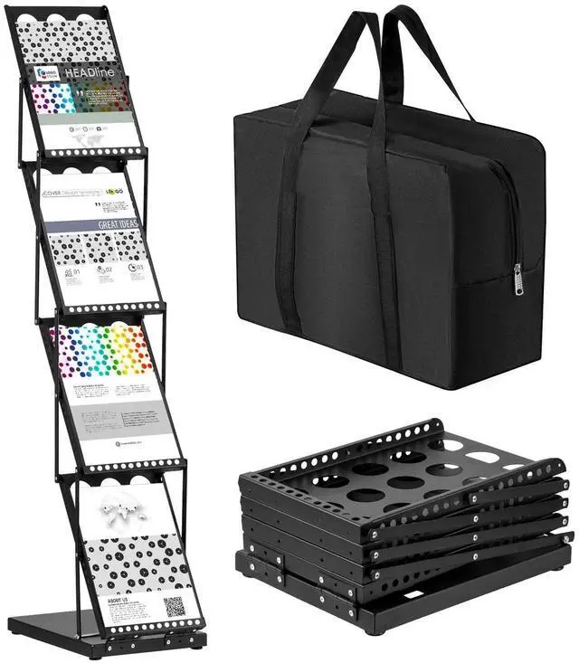 Main image of 1 Piece Foldable Magazine Rack Metal Catalog Literature Rack Portable 4 Pockets with Carrying Bag Brochure Stand Literature Display Holder Stand for Exhibition Trade Show