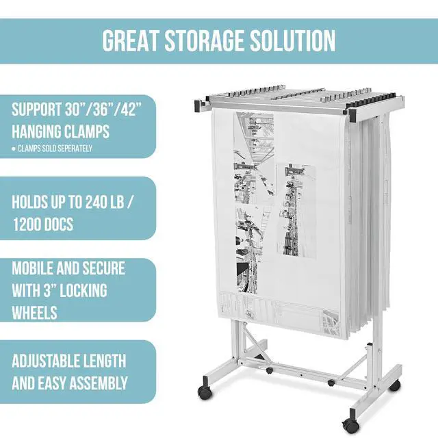 Alt view image 2 of 7 - Adir Mobile Blueprint Storage Rack - Adjustable Mobile Blueprint Holder, Vertical Architect Drawing Rack with Wheels, Poster Display, Construction Plans Holder (Without Blueprint Clamps)
