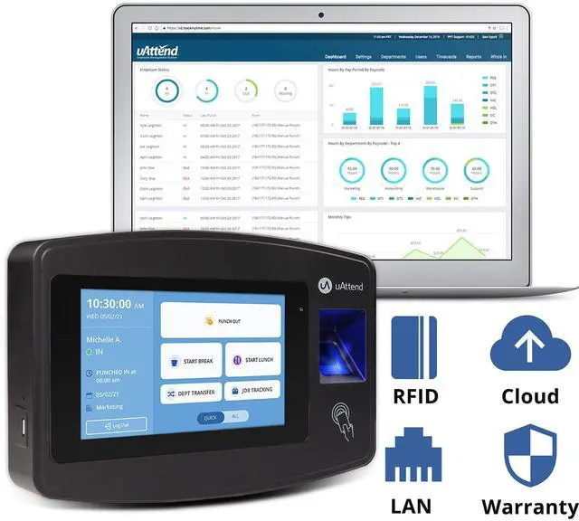 Alt view image 2 of 5 - JR1000 Biometric Fingerprint, RFID, PIN Time Clock for Small Business - Cloud-Based Attendance System with Optional Payroll Integration - All-in-One System