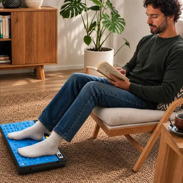 Alt view image 2 of 6 - Footrest Under DeskHeight Adjustable footrest with Reflexology Pad | Foldable Ergonomic Foot Stool for Muscle Tension Relief, Suitable for Office, Home & All-Season Use(Blue)