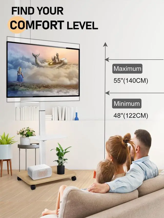 Alt view image 2 of 7 - Rolling TV Stand Mobile TV Cart for 32-70 Inch Flat/Curved LED/LCD/OLED Height Adjustable Portable TV Stand on Wheels up to 100lbs Floor TV Mount with Laptop DVD Shelf for Bedroom Outdoor White