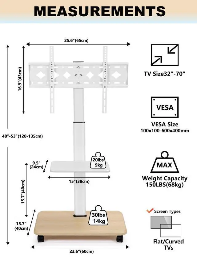 Alt view image 7 of 7 - Rolling TV Stand Mobile TV Cart for 32-70 Inch Flat/Curved LED/LCD/OLED Height Adjustable Portable TV Stand on Wheels up to 100lbs Floor TV Mount with Laptop DVD Shelf for Bedroom Outdoor White