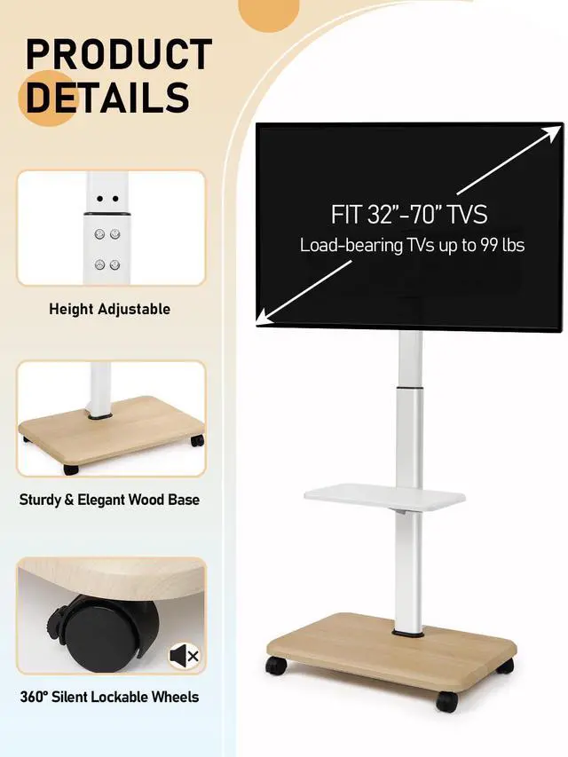 Alt view image 6 of 7 - Rolling TV Stand Mobile TV Cart for 32-70 Inch Flat/Curved LED/LCD/OLED Height Adjustable Portable TV Stand on Wheels up to 100lbs Floor TV Mount with Laptop DVD Shelf for Bedroom Outdoor White