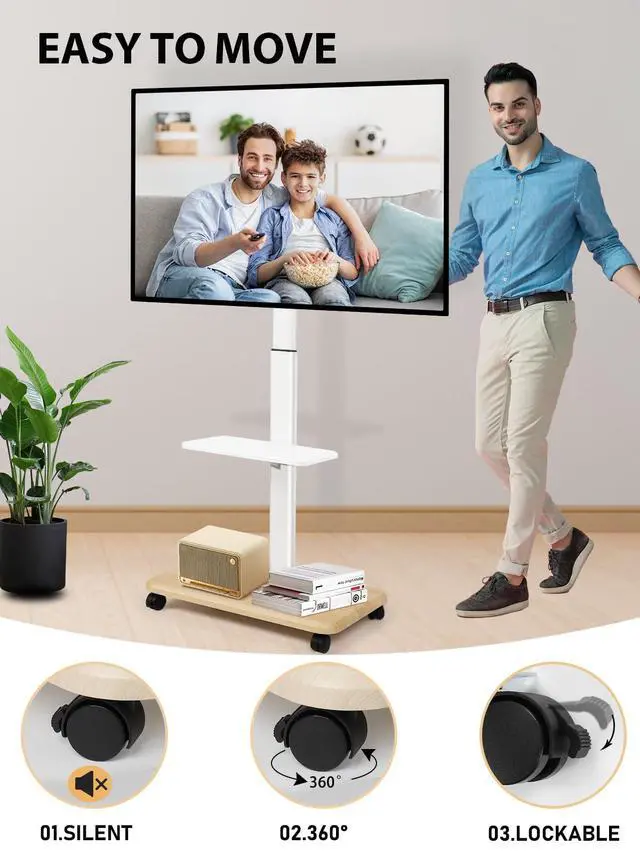 Alt view image 4 of 7 - Rolling TV Stand Mobile TV Cart for 32-70 Inch Flat/Curved LED/LCD/OLED Height Adjustable Portable TV Stand on Wheels up to 100lbs Floor TV Mount with Laptop DVD Shelf for Bedroom Outdoor White