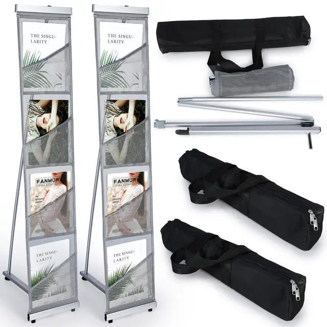 Main image of 2 Pcs Mesh Literature Stand Magazine Display Rack with 4 Pocket, Portable Roll up Foldable Trade Show Display with Carrying Bag, Lightweight Magazine Rack Floor Standing for Exhibition Office