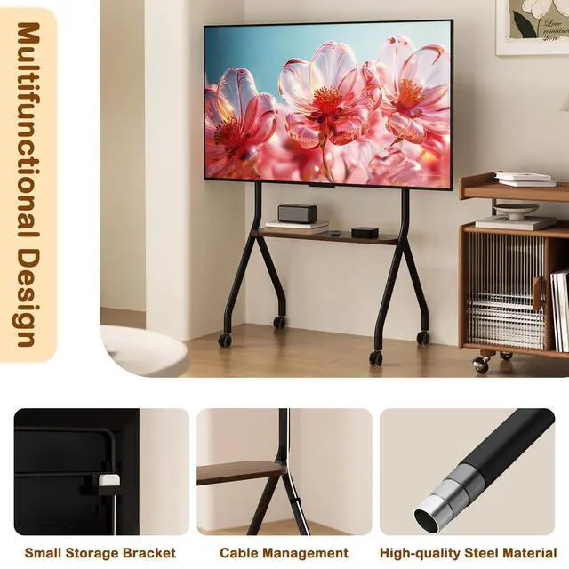 Alt view image 7 of 7 - Rolling TV Stand for 49-75 Inch LCD LED OLED Flat/Curved Panel Screen TVs, Mobile TV Stand with Wheels, Height Adjustable TV Floor Stand, Holds up to 110 Lbs, Max VESA 600 x 600 mm, Black