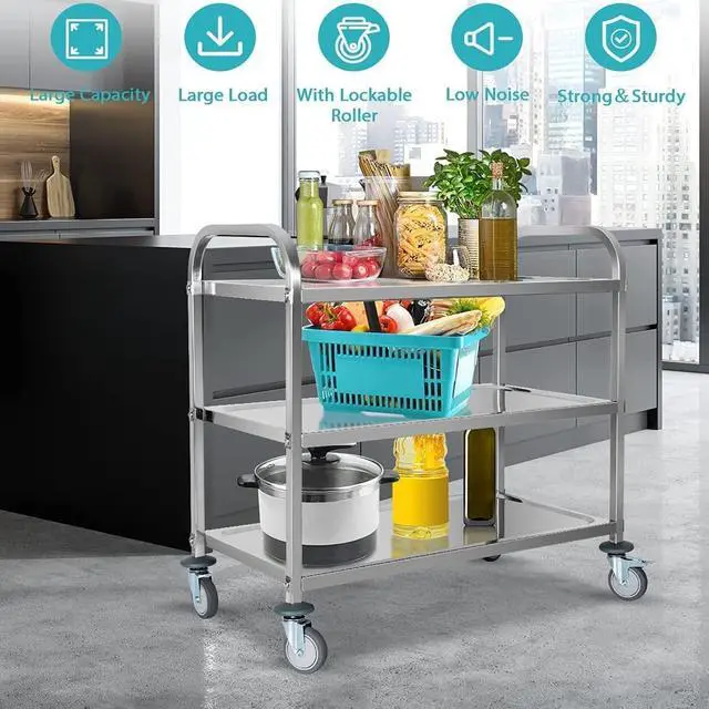 Alt view image 2 of 7 - Extra Large 3 Tier Stainless Steel Cart 37.4 x 19.7 x 37.4 Inch Kitchen Trolley Cart Serving Cart Kitchen Utility Rolling Cart Service Catering Storage Cart with Locking Wheels