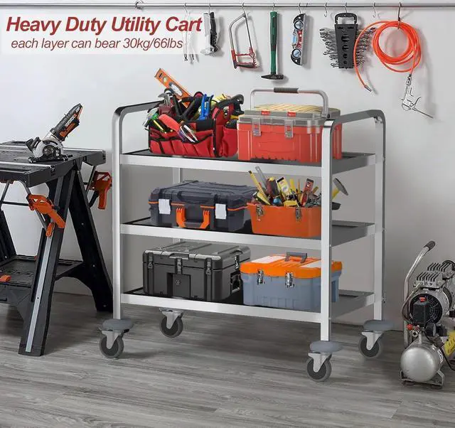 Alt view image 3 of 7 - Extra Large 3 Tier Stainless Steel Cart 37.4 x 19.7 x 37.4 Inch Kitchen Trolley Cart Serving Cart Kitchen Utility Rolling Cart Service Catering Storage Cart with Locking Wheels