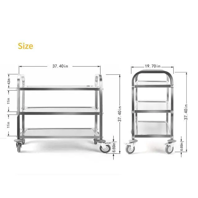 Alt view image 4 of 7 - Extra Large 3 Tier Stainless Steel Cart 37.4 x 19.7 x 37.4 Inch Kitchen Trolley Cart Serving Cart Kitchen Utility Rolling Cart Service Catering Storage Cart with Locking Wheels