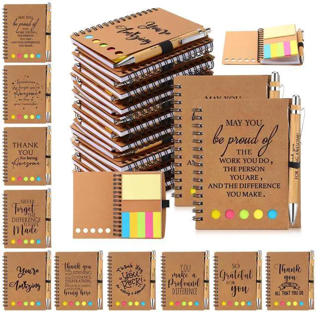 Main image of 50 Set Back to School Teacher Appreciation Gifts Bulk Inspirational Notebook with Sticky Note and Bamboo Pen Set Coworker Thank You Gifts for Employee Team Staff Office Group (Kraft)