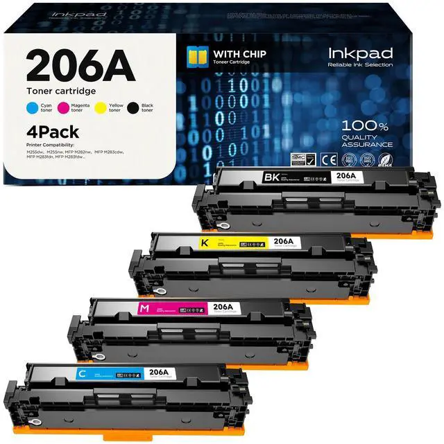 Main image of 206A Toner Cartridge Replacement for HP M255dw (4 Pack, BK/C/M/Y) | 206A toner 4-pack with chip (black, cyan, magenta, yellow). Compatible with HP M255dw, M283fdw, M282nw