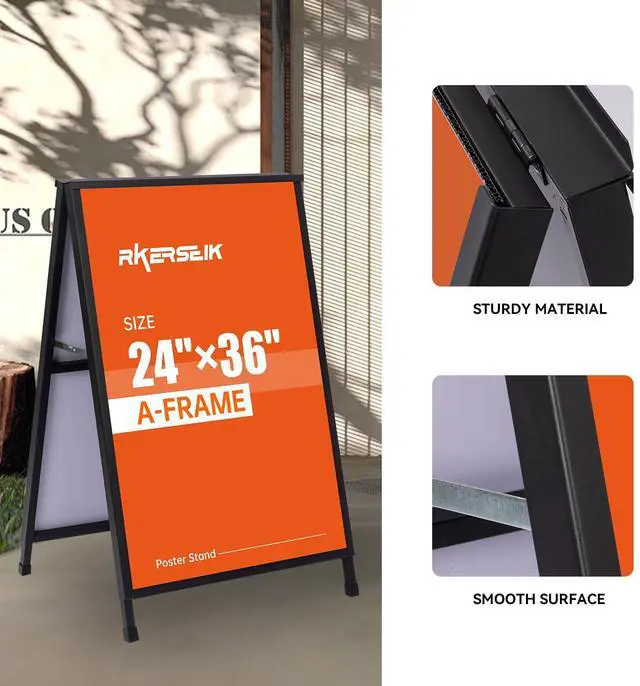 Alt view image 2 of 7 - Heavy Duty A-Frame Sidewalks SignsSandwich Board Black Coated Steel Metal Portable Double-SidedSlide-in Folding with 2 Corrugated Plastic Poster Boards (24×36 Double Side with 2 Plastic Board)