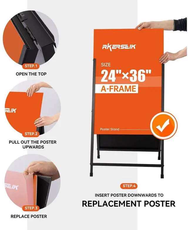 Alt view image 3 of 7 - Heavy Duty A-Frame Sidewalks SignsSandwich Board Black Coated Steel Metal Portable Double-SidedSlide-in Folding with 2 Corrugated Plastic Poster Boards (24×36 Double Side with 2 Plastic Board)