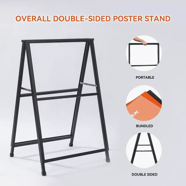Alt view image 5 of 7 - Heavy Duty A-Frame Sidewalks SignsSandwich Board Black Coated Steel Metal Portable Double-SidedSlide-in Folding with 2 Corrugated Plastic Poster Boards (24×36 Double Side with 2 Plastic Board)