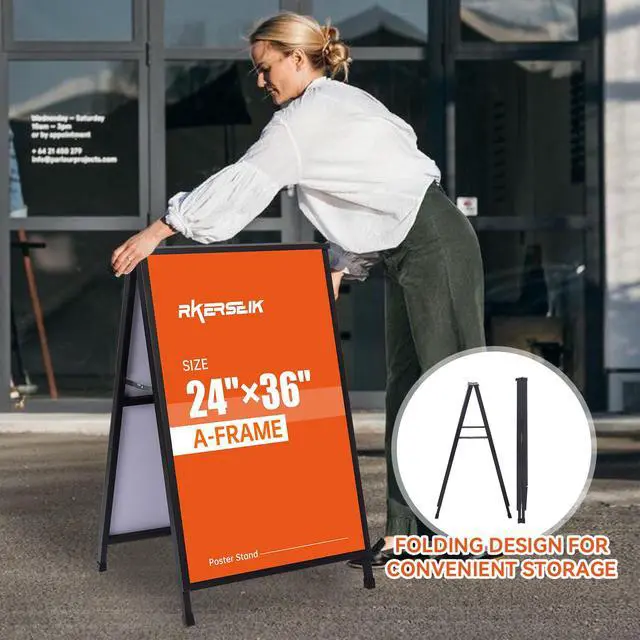 Alt view image 4 of 7 - Heavy Duty A-Frame Sidewalks SignsSandwich Board Black Coated Steel Metal Portable Double-SidedSlide-in Folding with 2 Corrugated Plastic Poster Boards (24×36 Double Side with 2 Plastic Board)