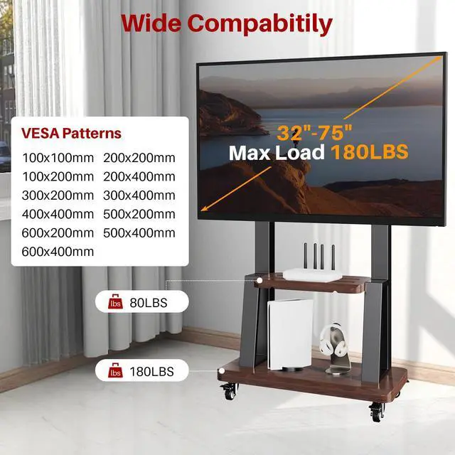 Alt view image 2 of 7 - Rolling TV Stand for 32-75 Inch TVs up to 180 lbs, Black | Mobile TV Cart, Height Adjustable Portable TV Stand, Locking 360° Wheels, 80 Lbs Center Shelf, Large Storage, VESA 600x400