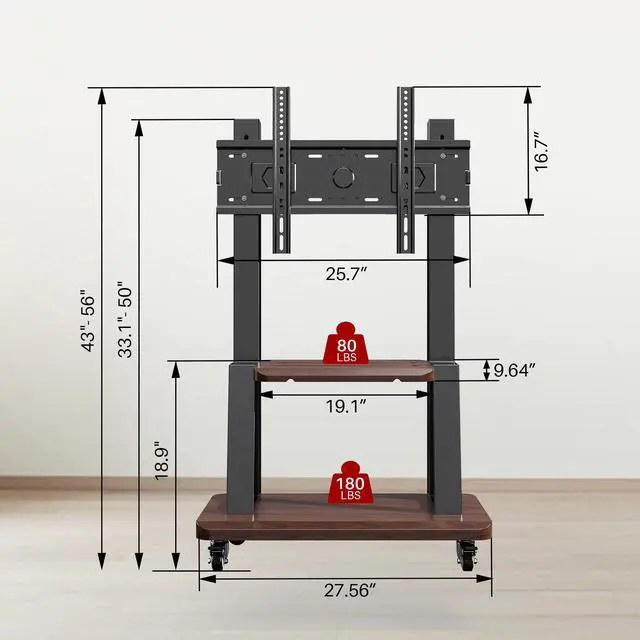 Alt view image 3 of 7 - Rolling TV Stand for 32-75 Inch TVs up to 180 lbs, Black | Mobile TV Cart, Height Adjustable Portable TV Stand, Locking 360° Wheels, 80 Lbs Center Shelf, Large Storage, VESA 600x400