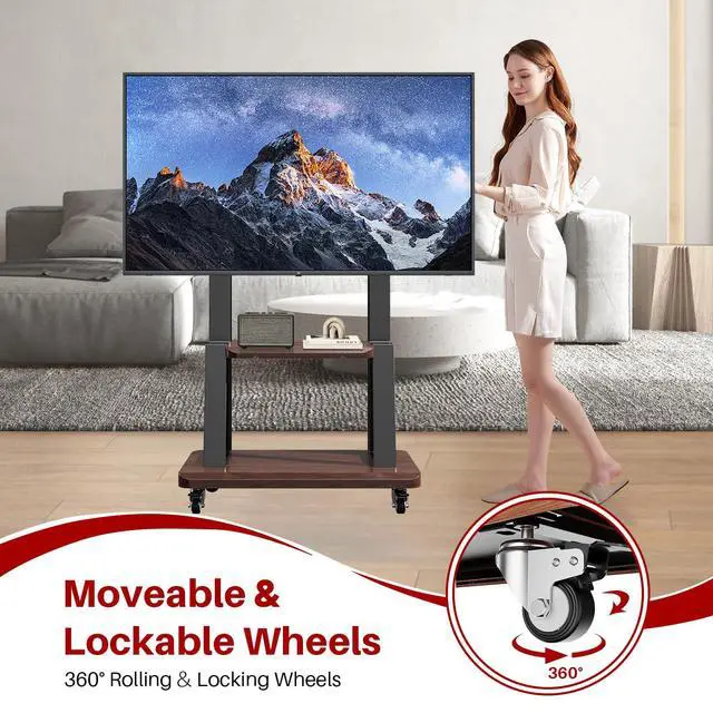 Alt view image 4 of 7 - Rolling TV Stand for 32-75 Inch TVs up to 180 lbs, Black | Mobile TV Cart, Height Adjustable Portable TV Stand, Locking 360° Wheels, 80 Lbs Center Shelf, Large Storage, VESA 600x400