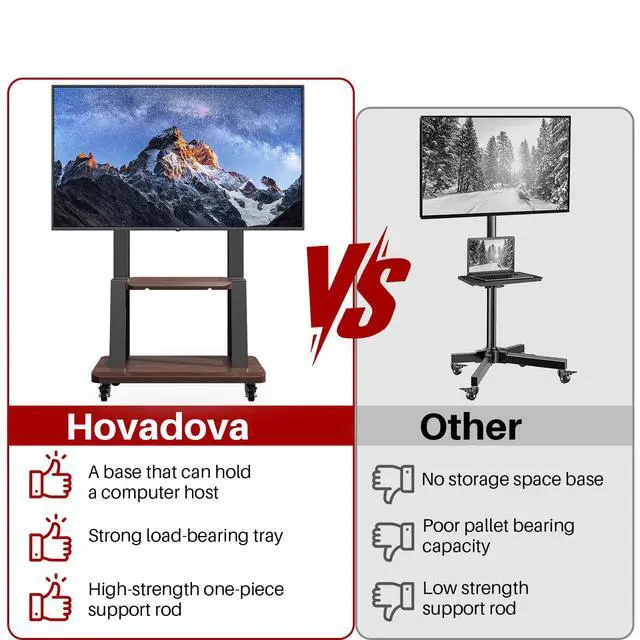 Alt view image 6 of 7 - Rolling TV Stand for 32-75 Inch TVs up to 180 lbs, Black | Mobile TV Cart, Height Adjustable Portable TV Stand, Locking 360° Wheels, 80 Lbs Center Shelf, Large Storage, VESA 600x400