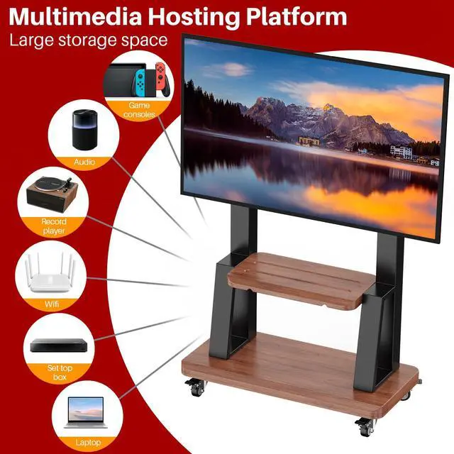 Alt view image 5 of 7 - Rolling TV Stand for 32-75 Inch TVs up to 180 lbs, Black | Mobile TV Cart, Height Adjustable Portable TV Stand, Locking 360° Wheels, 80 Lbs Center Shelf, Large Storage, VESA 600x400