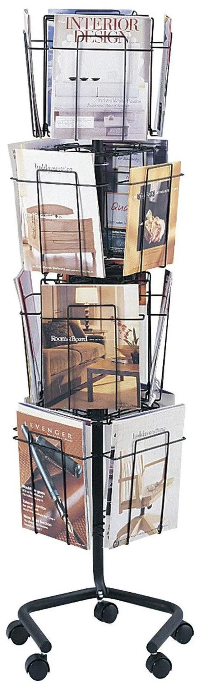 Main image of Rotating Wire Magazine Holder, Metal Display Rack with 16 Pockets, 4 Tier Rolling Organizer, Powder Coat Finish, 5 Casters, Charcoal