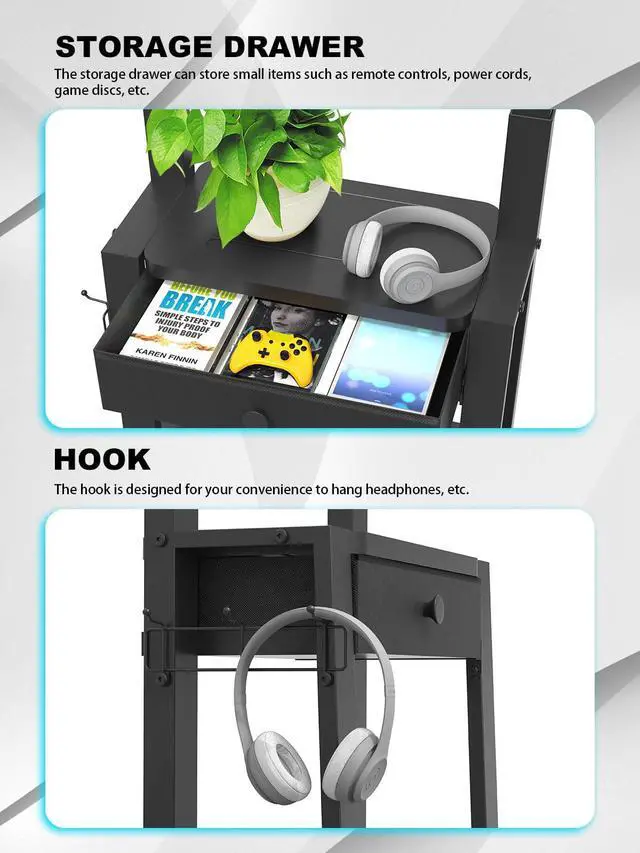 Alt view image 3 of 7 - Rolling TV Stand with Fabric Drawer Storage for 32-75 Inch Flat/Curved Screen up to 220lbs LCD/LED/OLED Adjustable Height Mobile TV Cart with Wheels for Home Office Outdoor Max VESA 600x400mm Black