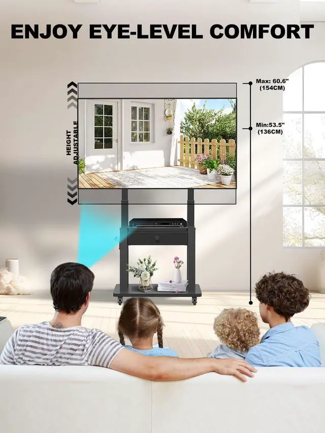 Alt view image 4 of 7 - Rolling TV Stand with Fabric Drawer Storage for 32-75 Inch Flat/Curved Screen up to 220lbs LCD/LED/OLED Adjustable Height Mobile TV Cart with Wheels for Home Office Outdoor Max VESA 600x400mm Black