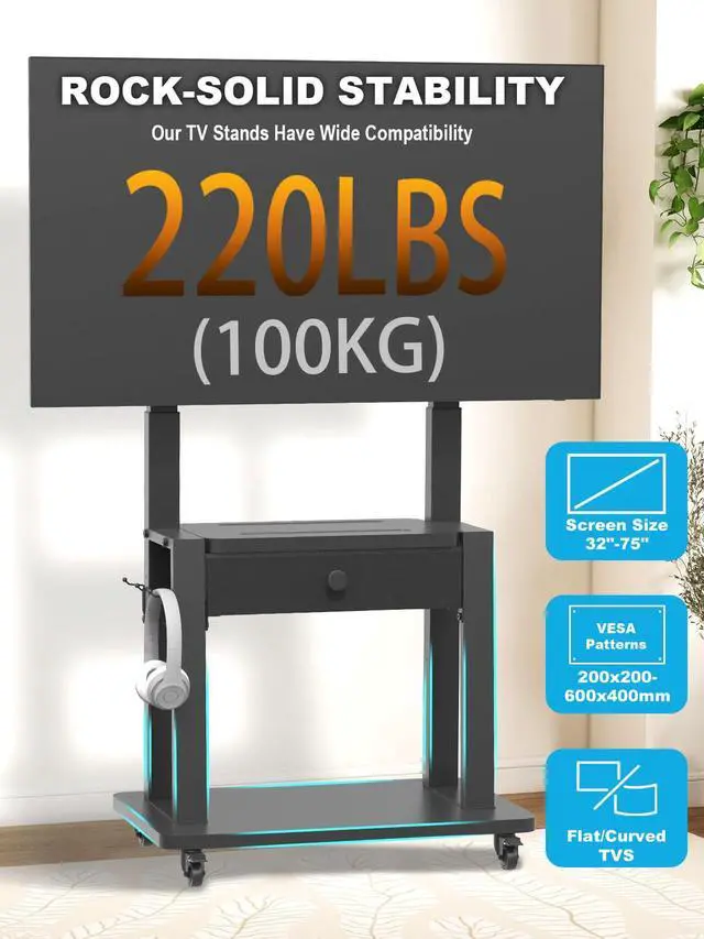 Alt view image 6 of 7 - Rolling TV Stand with Fabric Drawer Storage for 32-75 Inch Flat/Curved Screen up to 220lbs LCD/LED/OLED Adjustable Height Mobile TV Cart with Wheels for Home Office Outdoor Max VESA 600x400mm Black