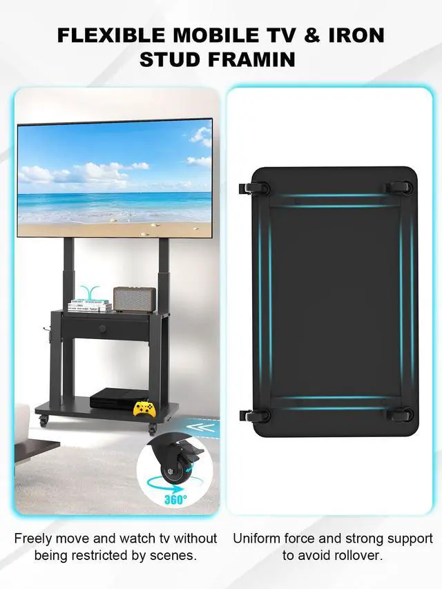 Alt view image 2 of 7 - Rolling TV Stand with Fabric Drawer Storage for 32-75 Inch Flat/Curved Screen up to 220lbs LCD/LED/OLED Adjustable Height Mobile TV Cart with Wheels for Home Office Outdoor Max VESA 600x400mm Black