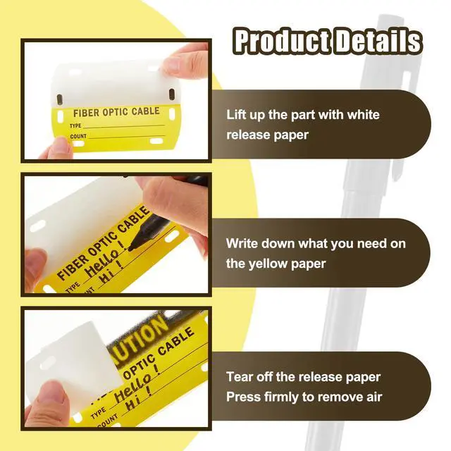 Alt view image 3 of 7 - 100 Pcs Optic Cable Tag Yellow Waterproof Fiber Cable Marker Tags with Marker Pen 3.5 x 2 Inches HDPE Writable Self-Laminating Labels for Communication Management Maintenance (with Text)