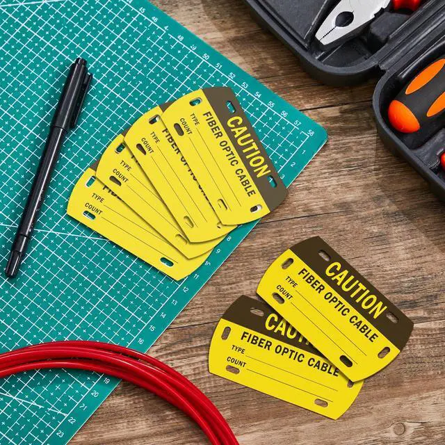 Alt view image 7 of 7 - 100 Pcs Optic Cable Tag Yellow Waterproof Fiber Cable Marker Tags with Marker Pen 3.5 x 2 Inches HDPE Writable Self-Laminating Labels for Communication Management Maintenance (with Text)