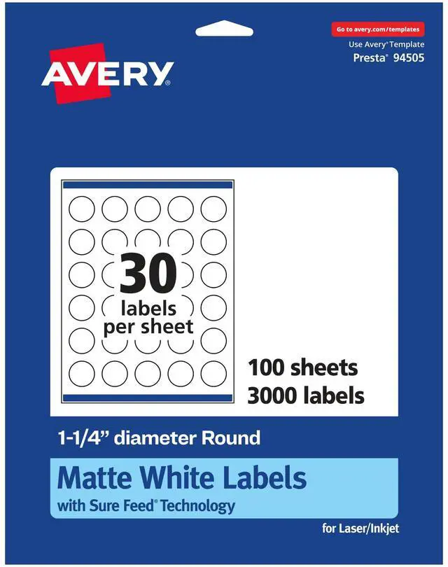 Main image of ® Matte White Round Labels, Sure Feed® Technology, 1.25" Diameter, 3,000 Matte White Printable Labels