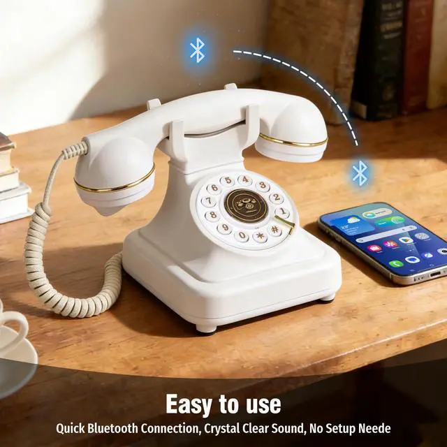 Alt view image 3 of 7 - Bluetooth Retro Phone with Voice Assistant, Bluetooth Landline Phone Compatible with Android & iOS, Wireless Bluetooth Physical Home Phone Telephone with Speakerphone & Volume Control, White