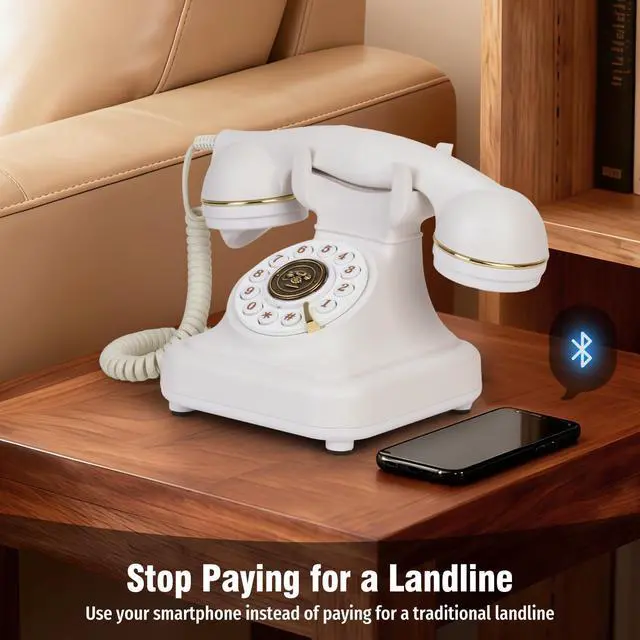 Alt view image 5 of 7 - Bluetooth Retro Phone with Voice Assistant, Bluetooth Landline Phone Compatible with Android & iOS, Wireless Bluetooth Physical Home Phone Telephone with Speakerphone & Volume Control, White