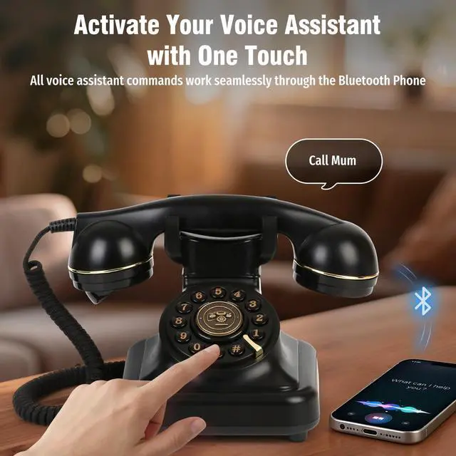 Alt view image 2 of 7 - Bluetooth Retro Landline Phone with Voice Assistant, Compatible with Android & iOS, Wireless Physical Home Telephone with Speakerphone & Volume Control, Black