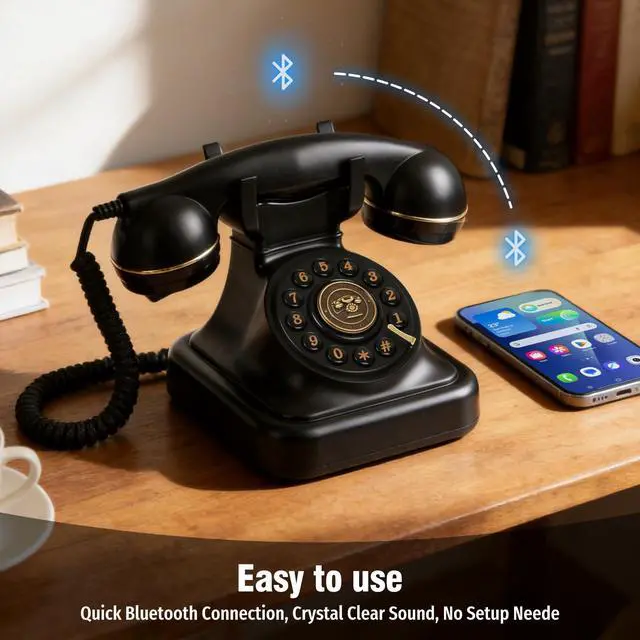 Alt view image 3 of 7 - Bluetooth Retro Landline Phone with Voice Assistant, Compatible with Android & iOS, Wireless Physical Home Telephone with Speakerphone & Volume Control, Black