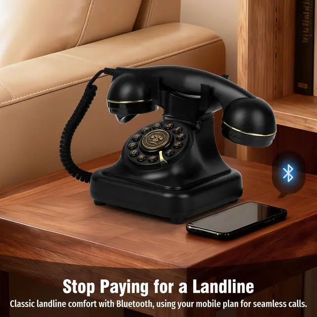 Alt view image 5 of 7 - Bluetooth Retro Landline Phone with Voice Assistant, Compatible with Android & iOS, Wireless Physical Home Telephone with Speakerphone & Volume Control, Black