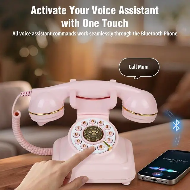 Alt view image 3 of 7 - Bluetooth Retro Phone with Voice Assistant, Bluetooth Landline Phone Compatible with Android & iOS, Wireless Bluetooth Physical Home Phone Telephone with Speakerphone & Volume Control, Pink