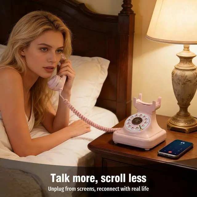 Alt view image 2 of 7 - Bluetooth Retro Phone with Voice Assistant, Bluetooth Landline Phone Compatible with Android & iOS, Wireless Bluetooth Physical Home Phone Telephone with Speakerphone & Volume Control, Pink