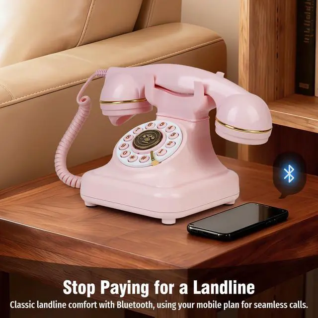 Alt view image 5 of 7 - Bluetooth Retro Phone with Voice Assistant, Bluetooth Landline Phone Compatible with Android & iOS, Wireless Bluetooth Physical Home Phone Telephone with Speakerphone & Volume Control, Pink