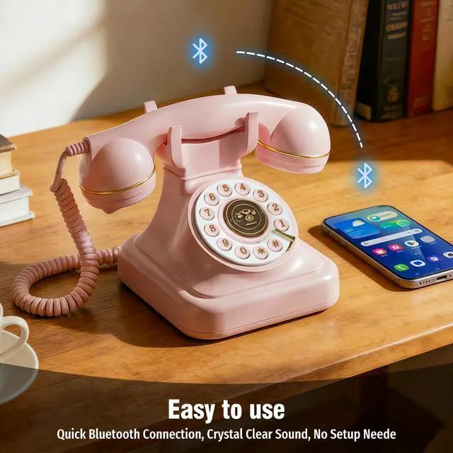 Alt view image 4 of 7 - Bluetooth Retro Phone with Voice Assistant, Bluetooth Landline Phone Compatible with Android & iOS, Wireless Bluetooth Physical Home Phone Telephone with Speakerphone & Volume Control, Pink