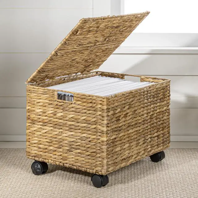 Alt view image 2 of 7 - Ashton 18.11" Hyacinth Rolling Filing Basket with Lid, Natural | Classic Farmhouse, Hand-Woven Natural Fibers, 360 Degree Lockable Wheels, Iron Frame, 1.6 Cubic Feet Capacity