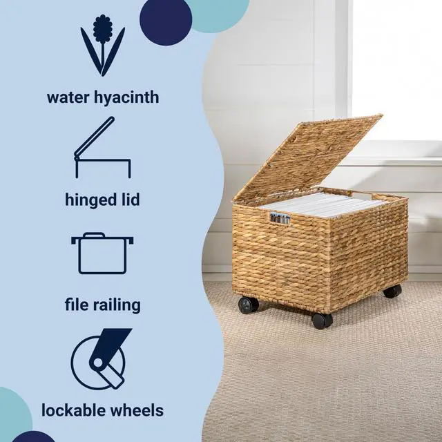 Alt view image 4 of 7 - Ashton 18.11" Hyacinth Rolling Filing Basket with Lid, Natural | Classic Farmhouse, Hand-Woven Natural Fibers, 360 Degree Lockable Wheels, Iron Frame, 1.6 Cubic Feet Capacity