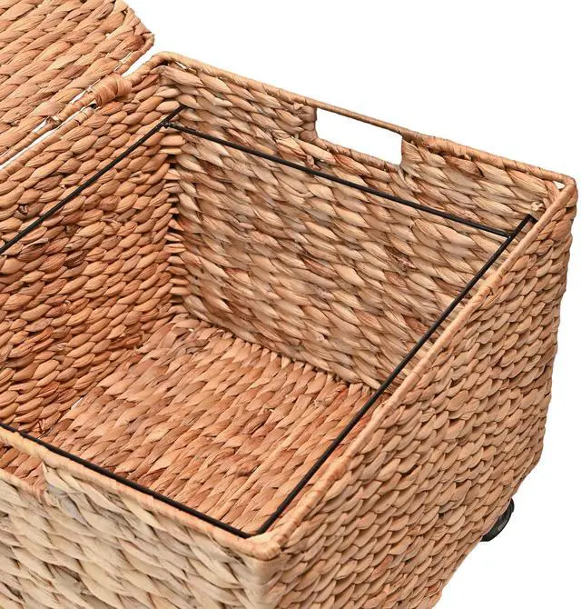 Alt view image 5 of 7 - Ashton 18.11" Hyacinth Rolling Filing Basket with Lid, Natural | Classic Farmhouse, Hand-Woven Natural Fibers, 360 Degree Lockable Wheels, Iron Frame, 1.6 Cubic Feet Capacity