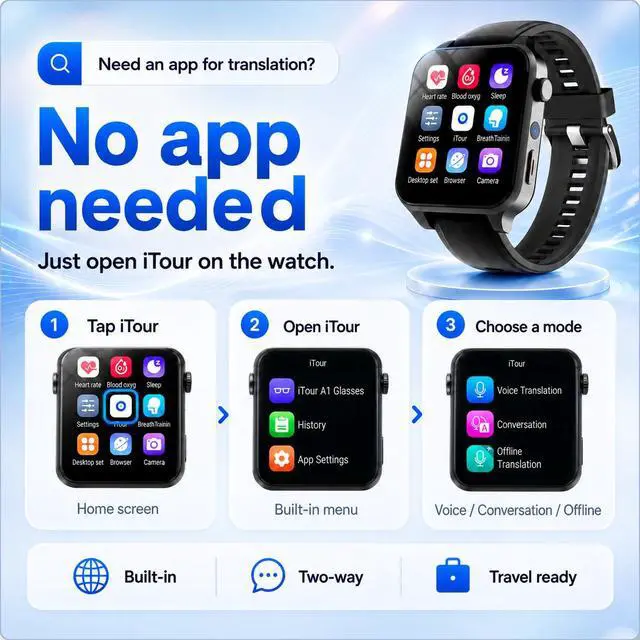 Alt view image 6 of 7 - Smart Watch, Real Time Smart Translation Watch, Two-way Instant Voice Translation, Online & Offline Language Translator Device for Men Women, AI Translator Smartwatch with Health Fitness Tracker