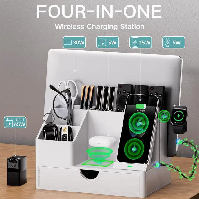 Alt view image 2 of 6 - Sleek White PU Leather Charging Station with Drawer - 6-in-1 Multi-Device Desktop Organizer Docking Hub for iPad, Tablet, Laptop, Phone, Watch, Office Home Gift Idea