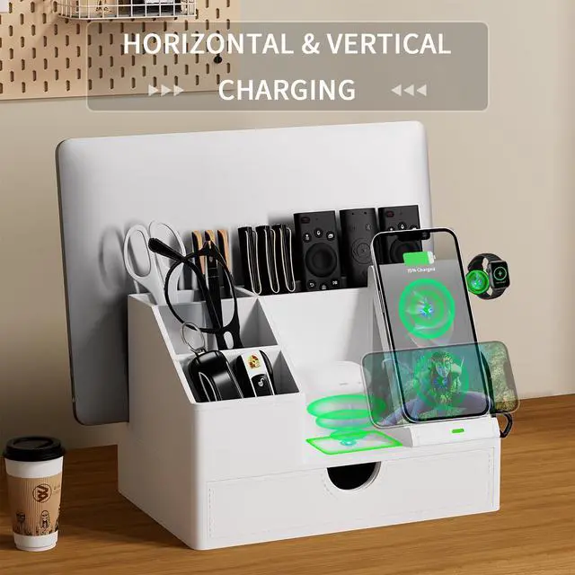 Alt view image 6 of 6 - Sleek White PU Leather Charging Station with Drawer - 6-in-1 Multi-Device Desktop Organizer Docking Hub for iPad, Tablet, Laptop, Phone, Watch, Office Home Gift Idea
